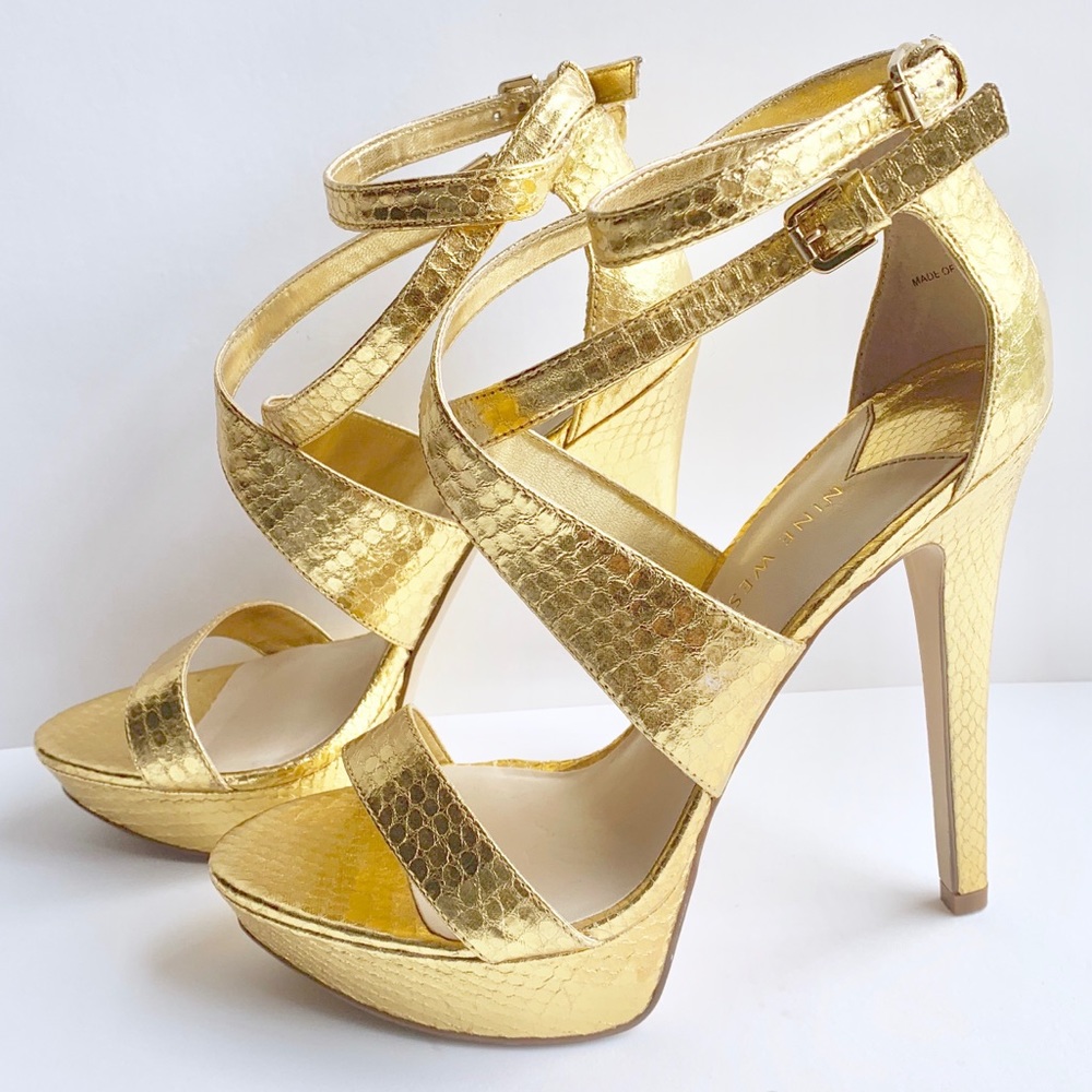Nine West Strappy Gold Platform Heels